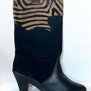 Vintage TED LAPIDUS Black & Tiger Print Leather & Suede Boots, Never Worn, 38/7